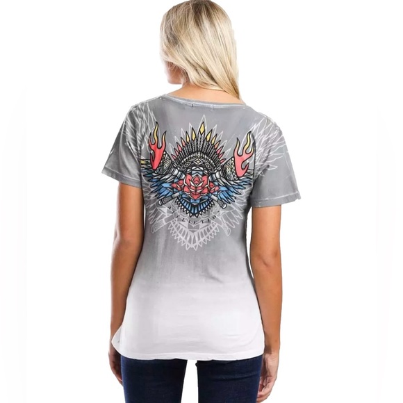 Affliction Black Label Tribal Fire Women’s Grey & White T-Shirt Size Small - Picture 2 of 14